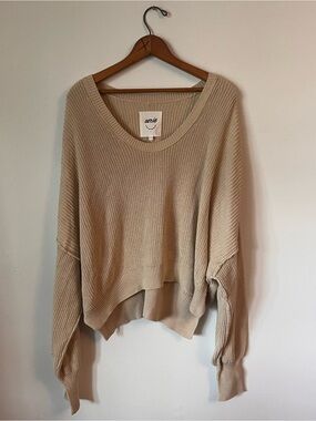 aerie Beige Ribbed Scoop-Neck Pullover Sweater